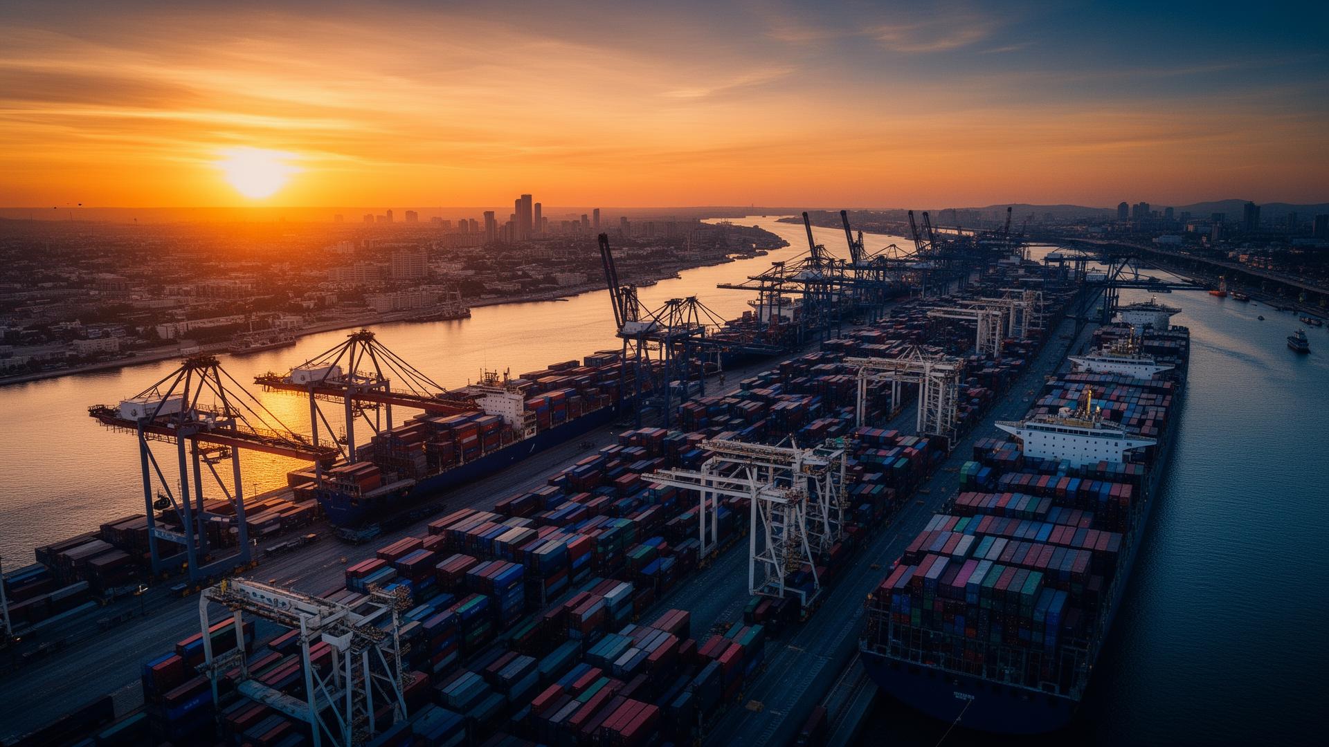 Aerial view of a bustling container port at golden hour